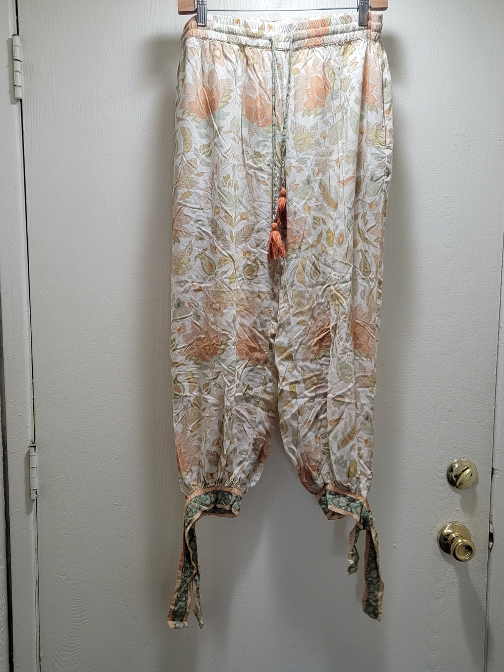Cost Plus World Market Floral Tie-Hem Wide Leg Pants in Peach and Cream